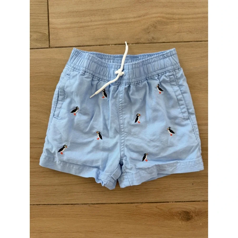 Janie and Jack Boys Light Blue Embroidered Puffin Swim Trunks 6-12 Months